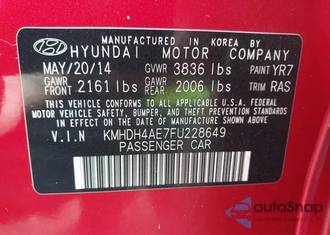 2015 Hyundai Elantra Se z USA, uszkodzony, nr VIN KMHDH4AE7FU228649